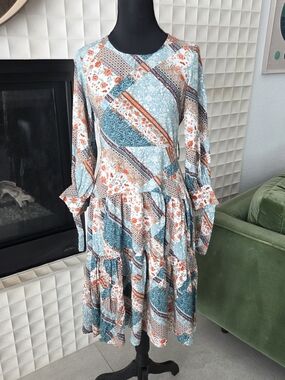 Jaase Patchwork Floral Tiered Midi Dress Boho Long Sleeve Teal Orange Size Small